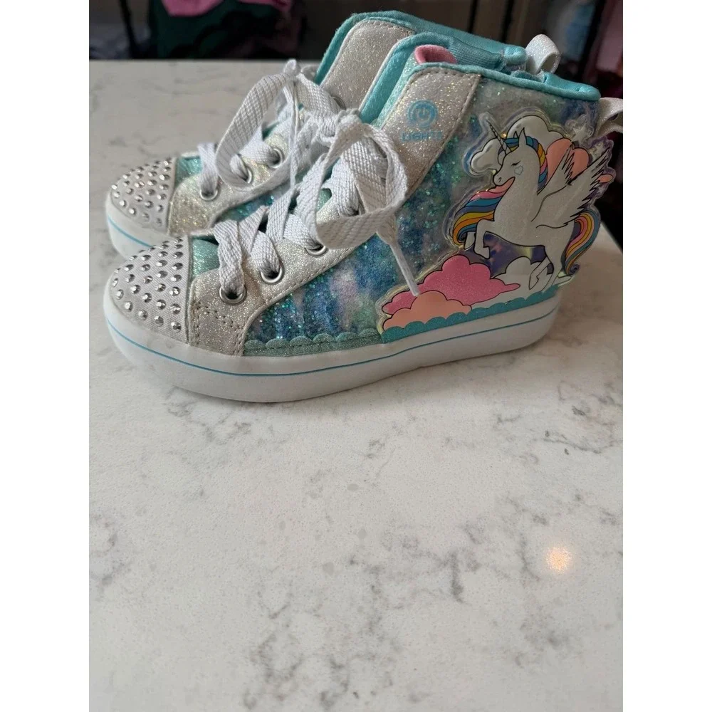 Skechers Twinkle Toes Unicorn Light Up High Top Sneakers Blue Silver 314399L 12